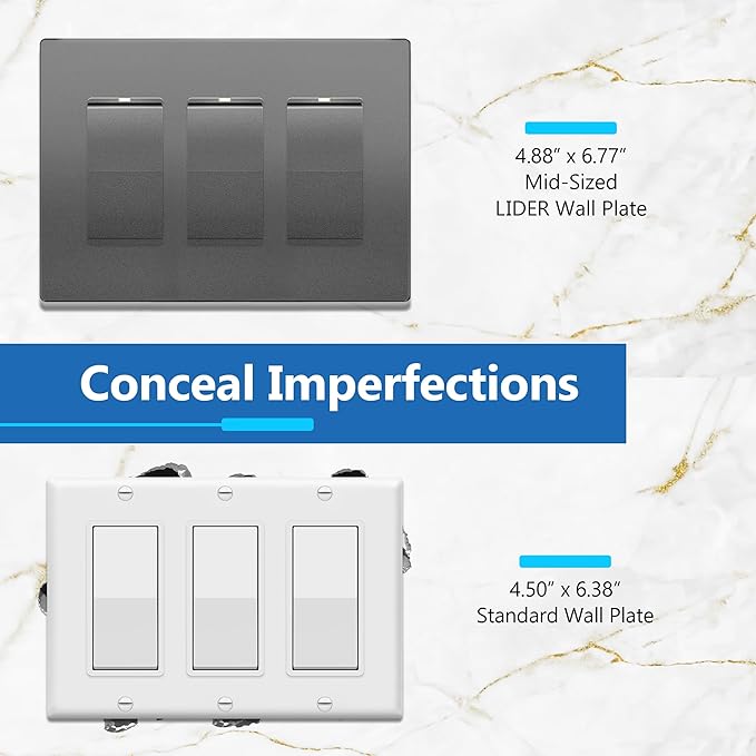LIDER Matte Finish Decorator Switch Cover, Screwless Wall Plate, Mid-Size 3-Gang 4.88" x 6.77", Unbreakable Polycarbonate Thermoplastic, UL Listed, LSWP-33M-SG, Space Gray