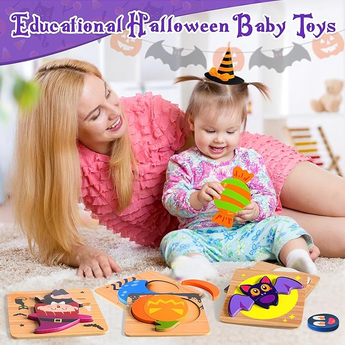 Halloween Wooden Puzzles Toys for Toddlers 1-3, for Baby Boys Girls, Halloween Toys for 1 2 3 Year Old Learning, Halloweens Party Favors for Kids, Trick or Treat Goodie Bag Fillers