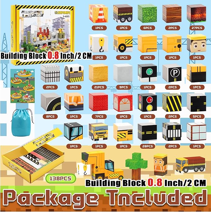 138PCS 0.8In/2CM Magnetic Blocks, Constructions -Themed Magnet Cubes Building Block Toy for Kids 3+, Christmas & Birthday Gifts