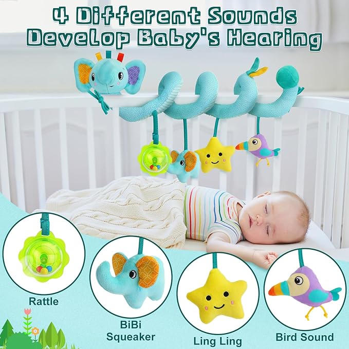 FPVERA Spiral Car Seat Activity Toy, Stroller Arch Baby Crib Hanging Toy with Rattle, Squeaky, Ringing Bell for Bassinet, Stroller, Crib for Infant Newborn Boy Girl Ages 0-12 Months