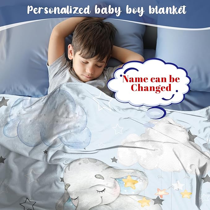 J&SBGFT Personalized Baby Blanket for Boys, Custom Baby Blanket with Name, Toddler Kids Nursery Stroller Crib Decor Throw, Sleeping Elephant