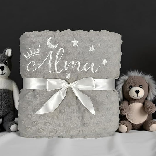 Personalized Baby Blanket, Custom Embroidered Blanket with Name, Newborn Baby Gifts, Customized Baby Nursery Bed Blankets, Soft Minky Fleece Crib Blankets for Toddlers, 27 * 35 inch-Grey