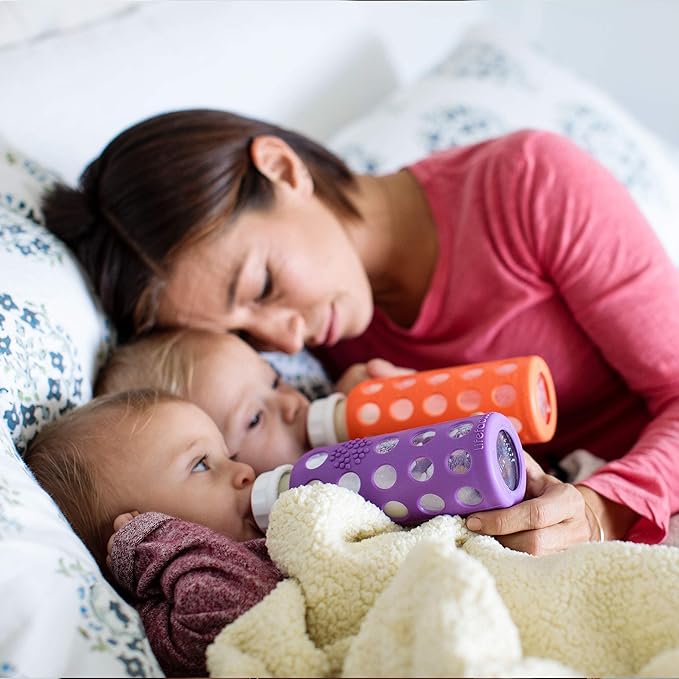 Lifefactory Baby Bottle Starter Set 10-Piece | 4 oz Mint & Lavender, 9 oz Kale & Grape | Includes Flat Caps, Sippy Caps, Stage 2 Nipples