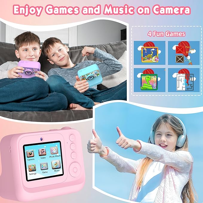 Kids Camera, Upgrade Kids Camera Instant Print, Front Rear Dual Selfie Digital CAM with 1080P Videos, Portable Travel Toy with Games and Music, Christmas Birthday Gift for Boys, Girls and Teens
