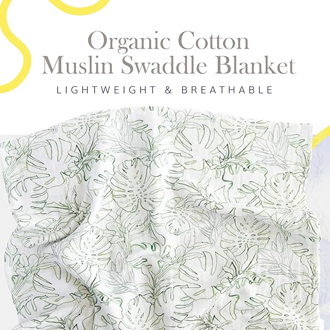 RED ROVR 100% Certified Organic Cotton Muslin Swaddle | Newborn Receiving Blanket | Baby Wrap | Boy, Girl, Unisex | Soft, Lightweight, Breathable | Burping, Nursing, Swaddling | 44"x44" | Jungle Lea