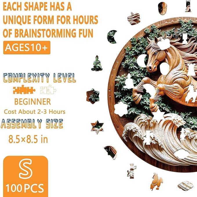 Wooden Puzzles for Adults - Flat Puzzle with 3D Visual Effect Horse Puzzle, Unique Shape Animal Wooden Puzzle, Unique Gift Ideas, Wood Puzzles Adult, Wall Art Puzzle Canvas (S-8.5 * 8.5in-100 Pieces)