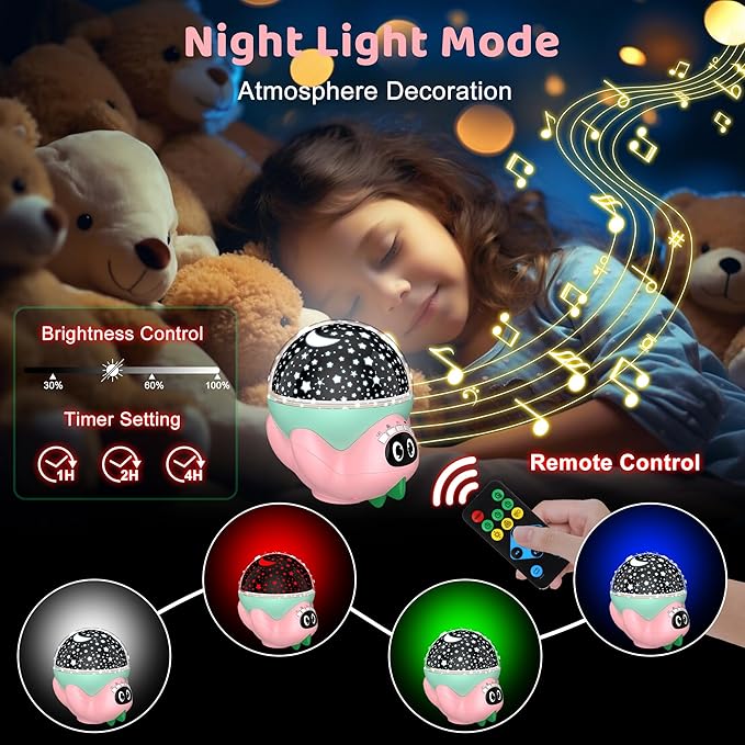 Dinosaur Night Light Projector for Kids Room, Boy Girl Dino Lamp with 10 Soothing Music& Timer, Remote Control, Colorful Projection Effect, High Brightness, Birthday Gifts for Infant Baby