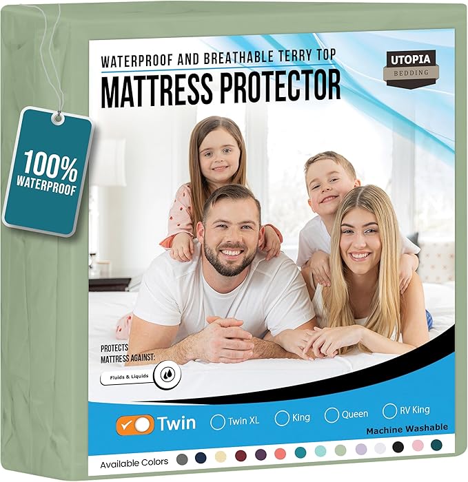 Utopia Bedding Waterproof Mattress Protector Twin Size, Premium Terry Mattress Cover 200 GSM, Breathable, Fitted Style with Stretchable Pockets (Sage)