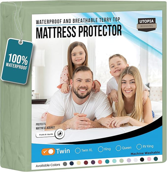 Utopia Bedding Waterproof Mattress Protector Twin Size, Premium Terry Mattress Cover 200 GSM, Breathable, Fitted Style with Stretchable Pockets (Sage)