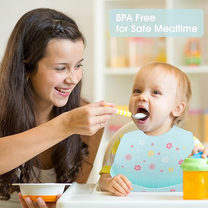 2 Pack Silicone Baby Bibs Adjustable Fit Waterproof Bib With Leak Proof Food Pouch Catcher for Eating Boys Girls