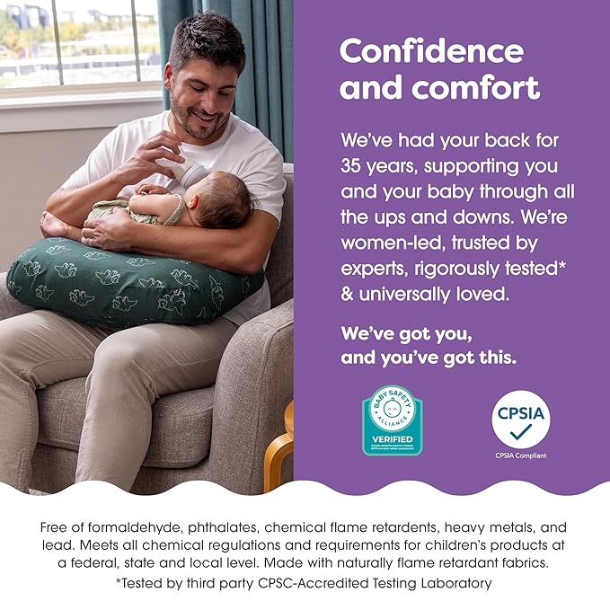 Boppy Nursing Pillow - Ergonomic Bottle & Breastfeeding Pillow with High, Firm, Large Area, Water-Repellent Cushion with Washable Cover; Baby Safety Alliance Verified - Forest Green Dinos