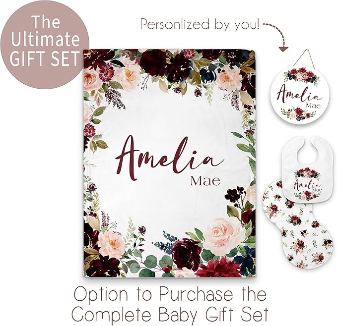 Girls Love A Monogram - Personalzied Maroon and Navy Floral Baby Blankets for Girls with Name - Personalized (Maroon & Navy 2, 30 X 40 Baby)