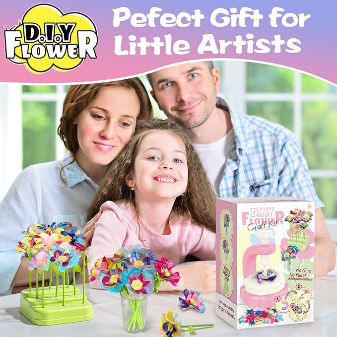Mini Fabric Flower Press Sewing Machine Toy Kit for Kids Beginners, DIY Paper Bouquets Manual Sewing Kit, Creative Arts & Crafts Making Toy Gift for 4-8 Year Old Girls Boys