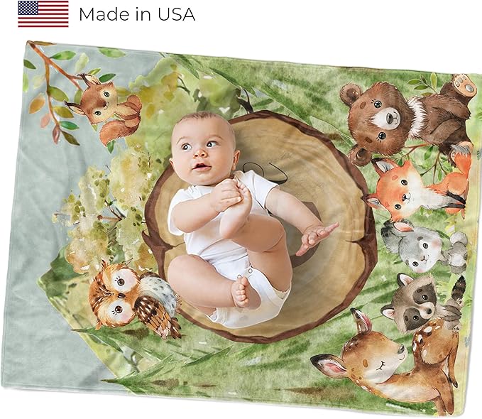 MDPrints Custom Baby Blankets for Boys and Girls, Personalized Baby Gifts, Customized Newborn Blanket with Name, Minky Plush Fleece (Woodland HA75)