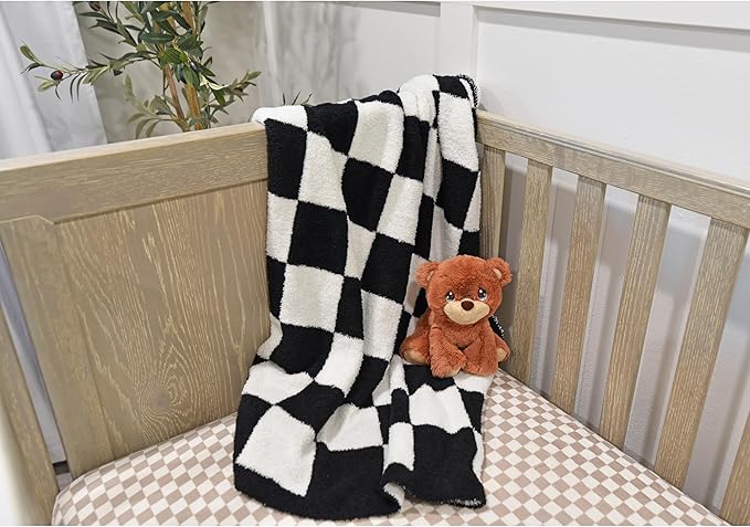 Checkered Baby Blanket 28"x40" - DreamSoft Knit Throw for Crib, Stroller or Car Seat - Soft Receiving Blanket/Newborn Nursery Gift Essential for Toddler, Infant, Kids, Boys & Girls (Black/White)
