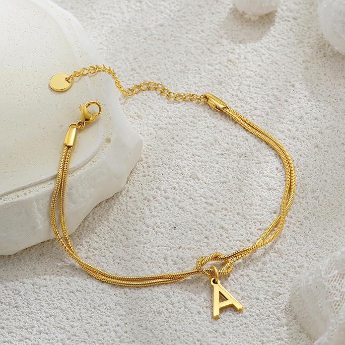 Stocking Stuffers for Teen Girls - 18K Gold Plated Love Knot Initial Bracelets for Women Friends Bridesmaid Gifts Dainty Gold Bracelets Birthday Christmas Gifts for Teens Women