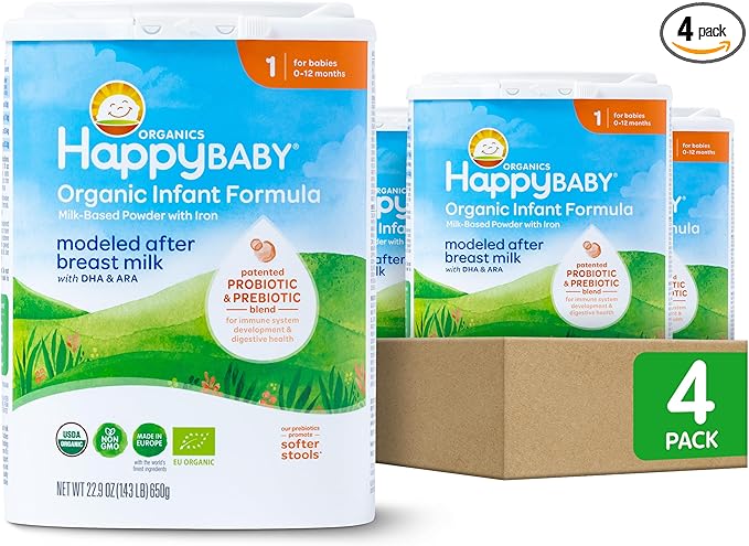 Happy Baby Organics Stage 1 Infant Formula, 0 12 Months, Milk Based Organic Baby Formula Powder with Iron, Probiotics & Prebiotics for Immune & Digestive Support, 22.9 Ounce (Pack of 4)