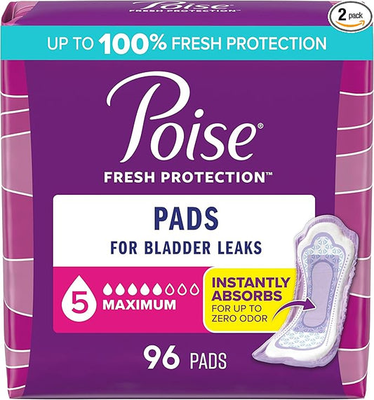 Poise Incontinence & Postpartum Pads for Bladder Leaks, 5 Drop Maximum Absorbency, Regular Length, 96 Count, Packaging May Vary