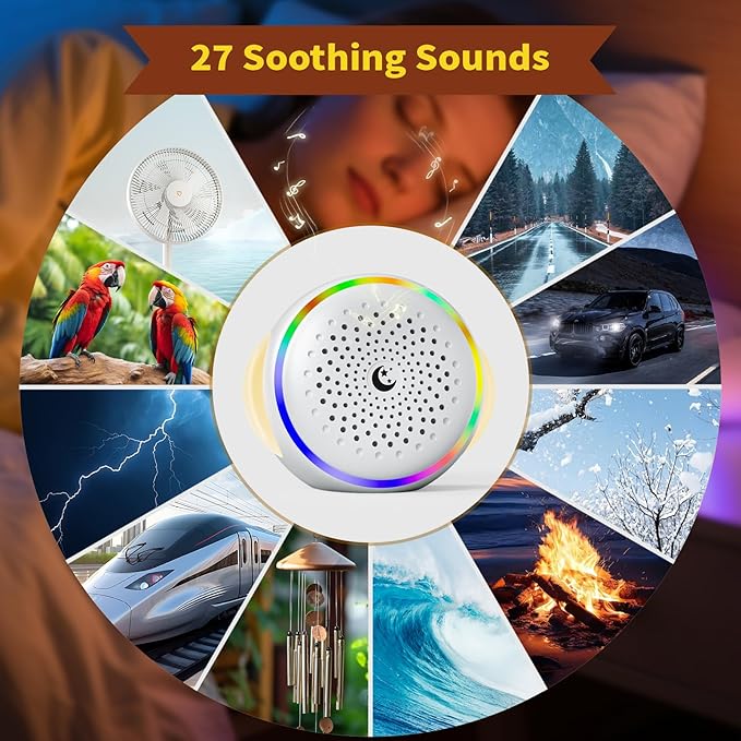 Portable White Noise Machine with Rechargeable Battery, 27 Soothing Sounds & Night Light, Sleep Soother for Baby Adults, 24H Playtime, Compact Travel Sound Machine for Home Office Nursery (MS-02)