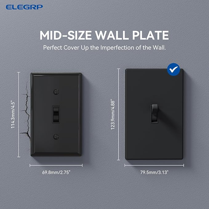 ELEGRP 1-Gang Screwless Toggle Wall Plates, Mid-Size Unbreakable Thermoplastic Faceplate Cover for Toggle Wall Switch & Dimmer Switch, UL Listed (10 Pack, Matte Black)
