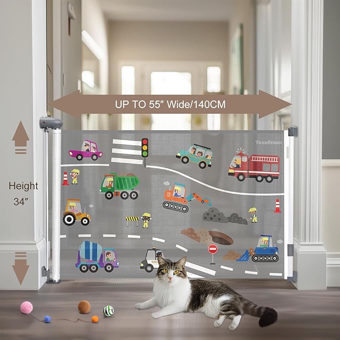 Retractable Gates for Stairs, Mesh Dog Gate for The House, Wide Pet Gate 34" Tall, Extends to 55" Wide, Long Safety Gates for Doorways, Hallways, Cat Gate Indoor/Outdoor (Car)