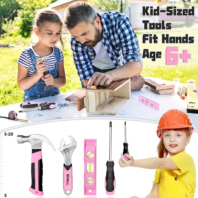 SHALL 26-Piece Kids Size Tool Set, Pink Real Tools for Kids with 12" Tool Bag, Safety Certified Children Learning Tool Kit with Hand Tools for Boys & Girls Age 6+, DIY Building, Woodwork, Construction