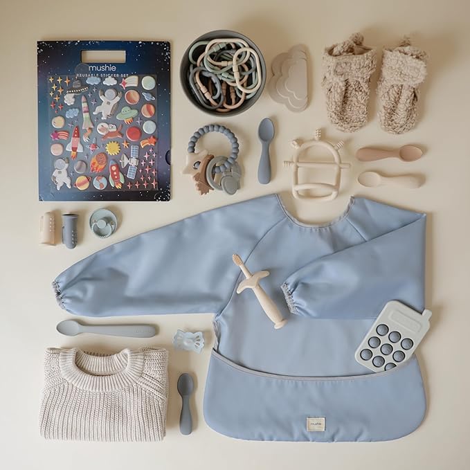 mushie Long Sleeve Baby Bib | Water Resistant Adjustable Fit for Ages 6-24 Months