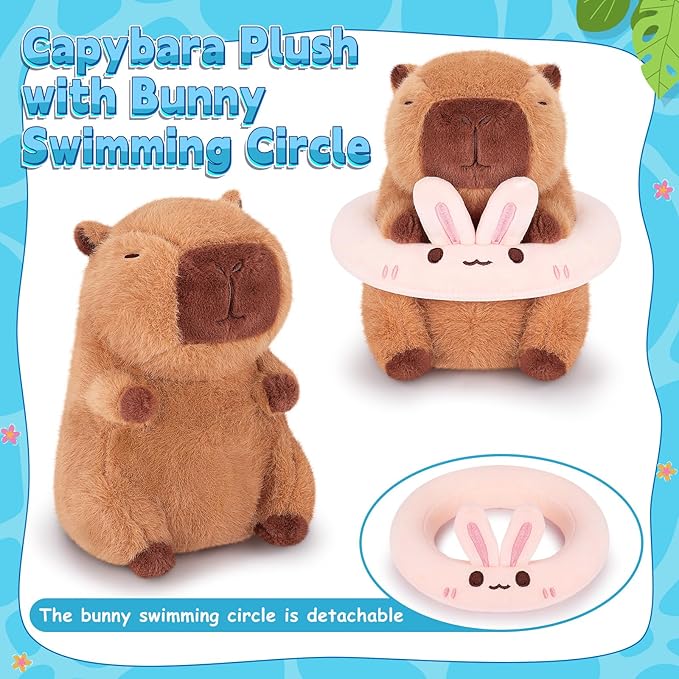 Achwishap Capybara Stuffed Animal,Soft Capybara Plush,Cute Plushies Kawaii Capybara Plush Toys,10” Plush Stuffed Toy with Bunny Swimming Circle Plushie Birthday Gifts for Kids Adults