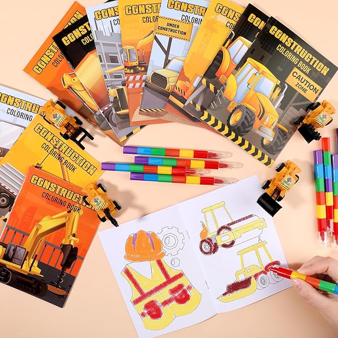 BenLouis 12 Construction Mini Coloring Books Kids with 12 Stacking Crayons Excavator Theme Party Favors Small Activity Books Bulk for Kids Construction Birthday Party Gift Goodie Bag Stuffers