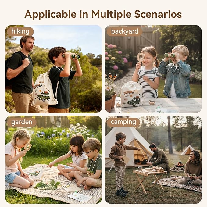 WOODEN TEETHER Kids Explorer & Adventure Kit for Ages 4–8, Wooden Knot Board (7 Step Cards) & Scrapbook, with Binoculars, Compass & Magnifying Glass, STEM Nature Exploration Toy