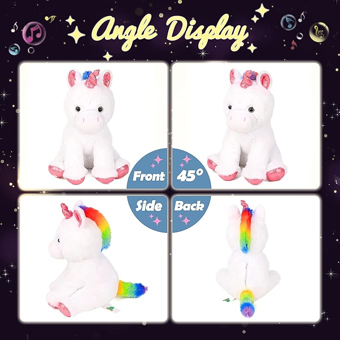 Hopearl LED Musical Stuffed Unicorn Lighting Up Singing Plush Toy Adjustable Volume Lullaby Animated Soothe Birthday Festival for Kids Toddler Girls, White, 13''