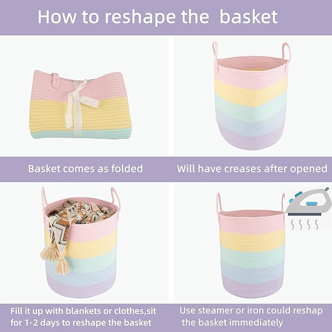 Rope Laundry Basket Hamper for Kids Girl Woven Storage Basket for Living Room Bedroom Boho Tall Baskets for Blanket Toys Pillow Towels Baby Nursery Hamper Bin rainbow