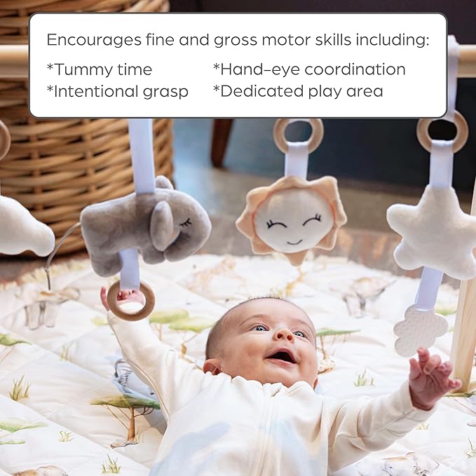 Montessori Wooden Baby Play Gym and Mat | Heirloom-Quality FSC Pine, Reversible Washable Mat, Includes Hanging Toys | Neutral Baby Activity Gym for Newborn to 6 Months