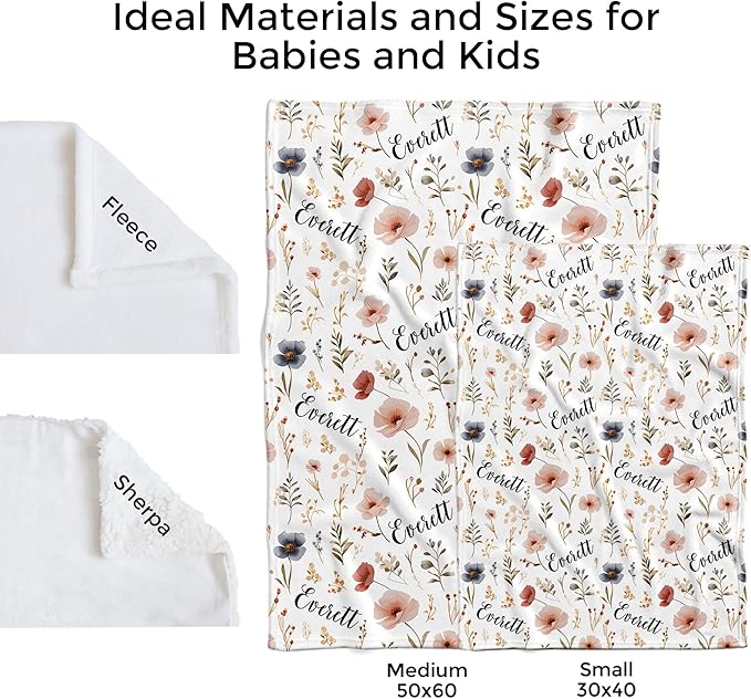 Custom Baby Blankets for Boys, Customized Baby Boy Gifts with Name, Personalized Baby Blankets, Soft Plush Fleece (Wildflower TM14)