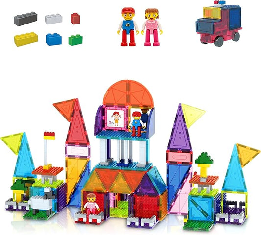 PicassoTiles 333pcs Magnetic Brick Tile and Magnetic Tile Combo Set, Action Figures included, Building Blocks STEM Toys, Educational Montessori Preschool Toddler classroom learning toys, Kids activity