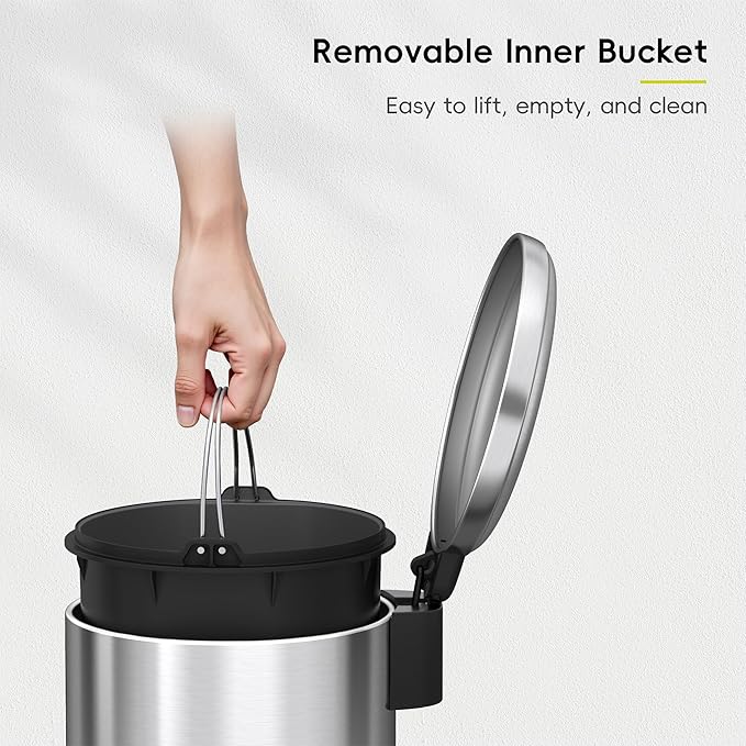 EKO Serene 5L / 1.32 Gallon Step Trash Can with Lid, Small Stainless Steel Round Garbage Can with Removable Inner Bucket, Compact Bin for Powder Rooms, Offices & Tight Bathroom Spaces.
