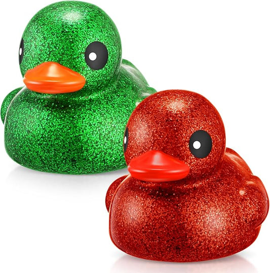Honoson 2 Pcs 6.89 Inch Giant Glitter Rubber Ducks Big Sparkly Rubber Ducks Jumbo Bathtub Toys with Squeaky Sound for Baby Shower Pool Activity Birthday Gift(Glitter,Red, Green)