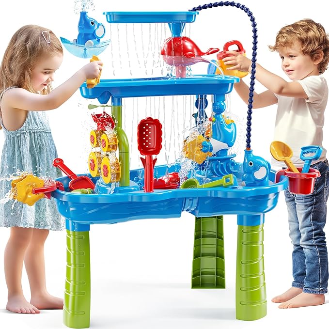 Auto Water Table for Toddlers 3-5, 3-Tier Kids Sand Water Table, Water and Sand Activity Sensory Table Summer Beach Outside Toys Backyard for Kids Toddlers Age 3 4 5 6 7 8
