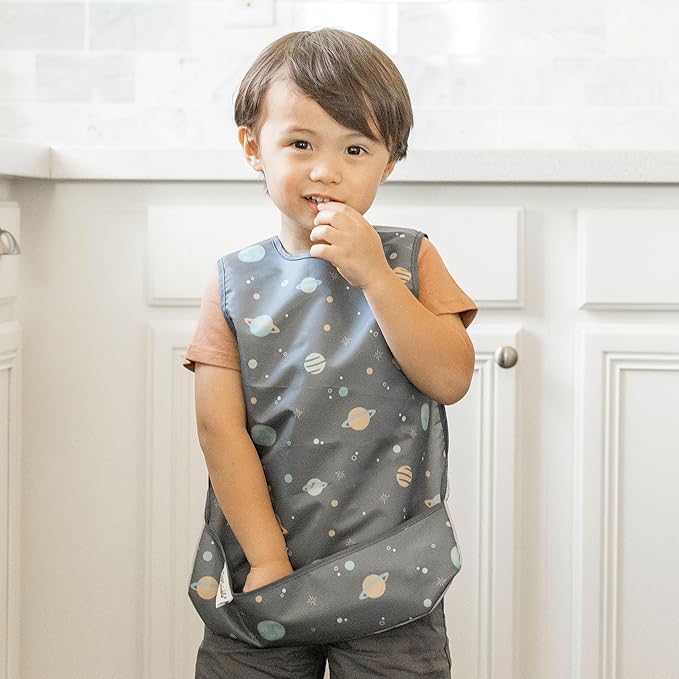 Tiny Twinkle Short Sleeve Apron Baby & Toddler Bib for Boys – Waterproof, Mess-Proof Bibs for Eating & Feeding, Machine Washable, Perfect Holiday Gift (Space, 6–24M)