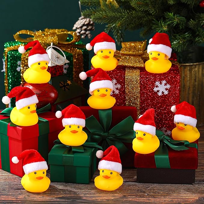 Liliful 96 Pcs Christmas Rubber Ducks with Hat Xmas Mini Rubber Ducks in Bulk Holiday Party Favors Bath Toys for Christmas Party Decor Gift (Santa Hat)