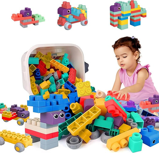 80PCS Baby Blocks Set with Storage Bucket, Blocks for Babies 6 Months and Up STEM Educational Toddler Gifts, Rubber Soft Blocks Big Building Blocks Sensory Stacking Toys