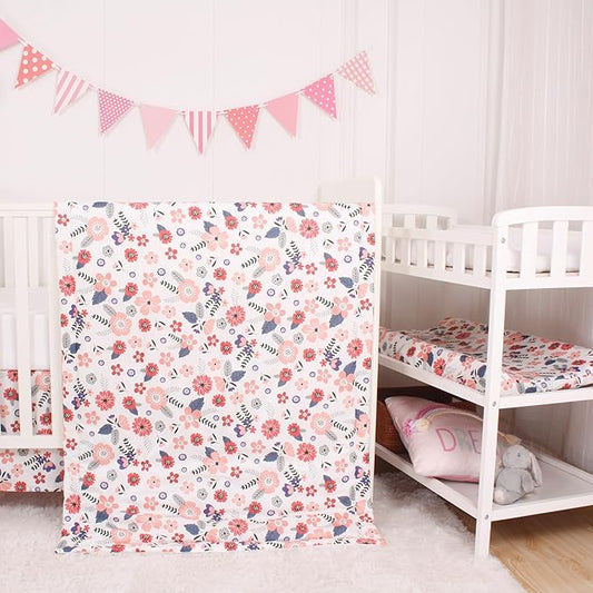 CaSaJa 4-Piece Crib Bedding Set for Boys and Girls, Nursery Baby Bedding Set Including Quilted Comforter with Fitted Crib Sheet and Changing Pad Covers, Reversible Quilt Design, Petals Flying