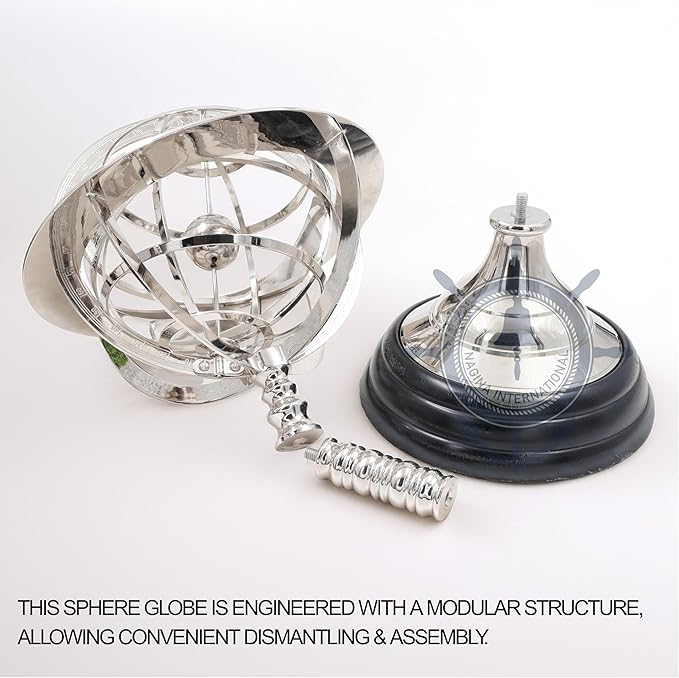 Nagina International Antique Vintage Zodiac Armillary Brass Sphere Globe Wooden Display | Pirate's Antique Ship Decor (XL, Nickel Plated)