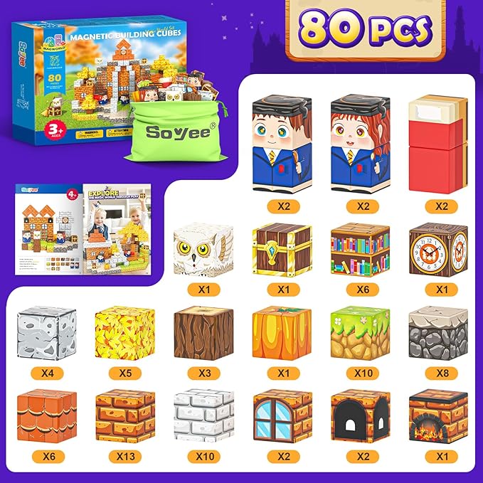 Magnetic Blocks - Build Mine Magnet World Magic World Adventure Set, 1’’ Magnet Cubes Kids Sensory Toys for Kids Age 3-5 5-7 8-12, Building Blocks Gift for 3 4 5 6 7 8 9 10 Year Old Boys & Girls