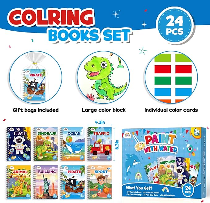 ZMLM 24 Water Coloring Books for Kids Party Favors - Bulk Mini Coloring Books for Kids Ages 4-8,Small Birthday Goodie Bag Stuffers School Teacher Return Gift Art Crafts Classroom Prizes (Boy)