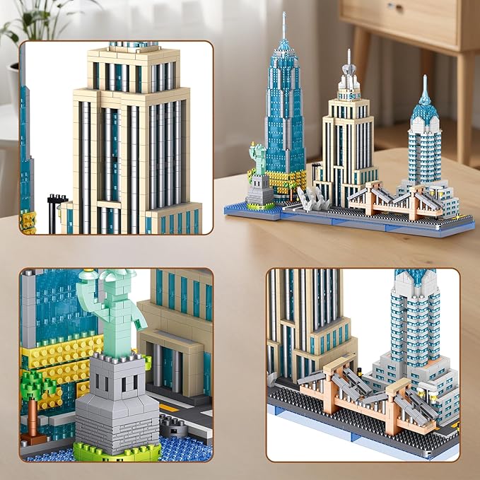 New York Skyline Micro Mini Blocks Building Set, The Statue of Liberty,Empire State Architecture Building, Brooklyn Bridge, Gift for Kids and Adults (3262 Pieces)