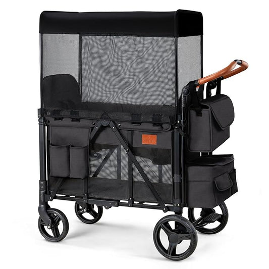 Wagon Stroller for 2 Kids, High Seat & 5 Point Harness, Foldable All-Terrain Wagon for Toddler with Canopy, Parent Organizer, Shoulder Bag, Adjustable Handlebar, Ultimate Double (Black)