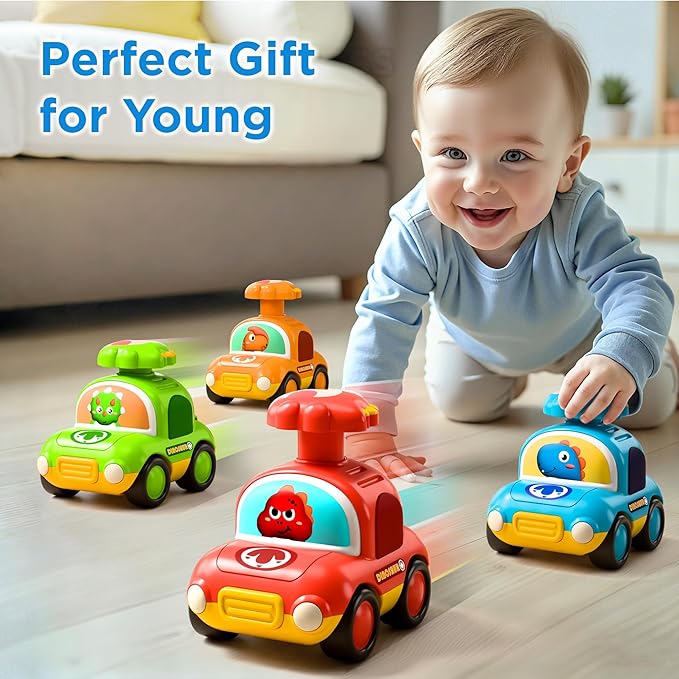 iPlay, iLearn Press to Go Dinosaur Car Toys for Toddlers 1-3, Baby Play Race Vehicle Set, Infant Boy Push Go Friction Toy, 4pcs Animal Car for 12 18 24 Month, 1st Birthday Gift for 1 2 3 Yr Kid Child
