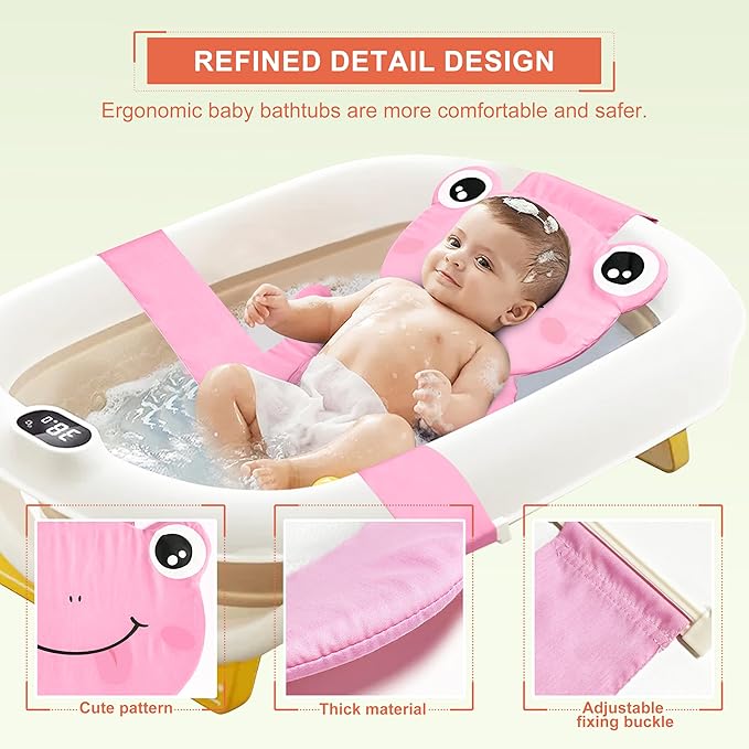 Baby Bath Seat Support Net, Quick Drying, Adjustable, Comfortable, Non-Slip, Infant Bathtub Sling Shower Mesh for a Tub, Soft Newborn Bath Mat (Deep Pink Frog)