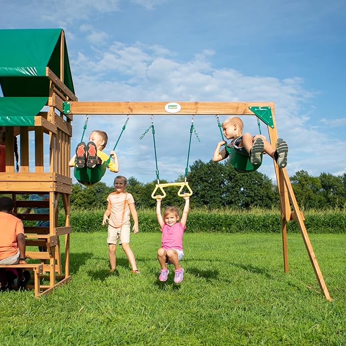 Backyard Discovery Belmont Cedar Wood Swing Set with Wave Slide, Play Deck, Rock Wall Ladder, Snack Bar Window, Shaded Picnic Area, Bench, Belt Swings, Trapeze, Sandbox Area, Canopy, Outdoor Playset